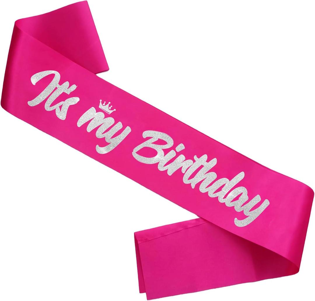 2 x It's My Birthday Sash Hot Pink with Glitter Silver Letters Happy Birthday Sash for Women Girl Bday Gift Ideas Party Favors