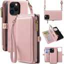 MInCYB for iPhone 13 Wallet Case with Card Holder (12 Card Slots) - PU Leather Case for Women & Men, Wireless Charging, Detachable Magnetic, Crossbody Strap, Shockproof Protective Phone Cover. Pink