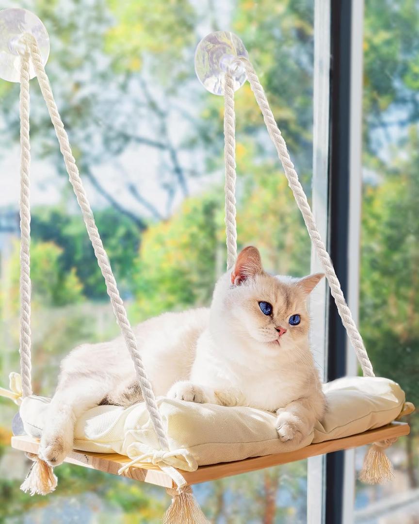 Cat Window Perch with Industrial-Grade Suction Cups - Solid Pine Wood Hammock Bed, Soft Cushion - 42 lb Capacity for Cats Inside (Medium, Beige)