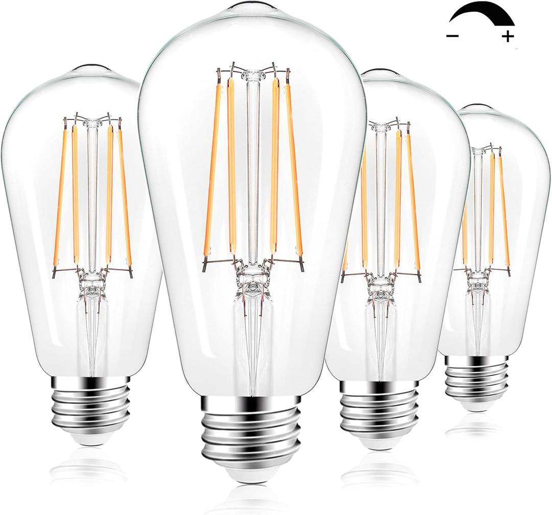 PARTPHONER LED Light Bulbs Dimmable Vintage Edison Bulb, E26 LED Bulb 60W Equivalent 720 Lumens, Warm White 2700K, ST58 Antique LED Filament Bulb CRI 85+, Clear Glass, Pack of 4