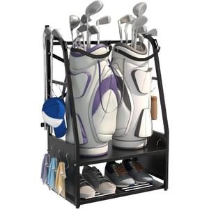 Golf Bag Organizer - Wall Mount & Freestanding - Holds 2 Golf Bags w/ 4 Club Racks, 10 Hooks & Storage Shelf - Golf Bag Stand w/Adjustable Feet for Garage, Store, Club, Shed