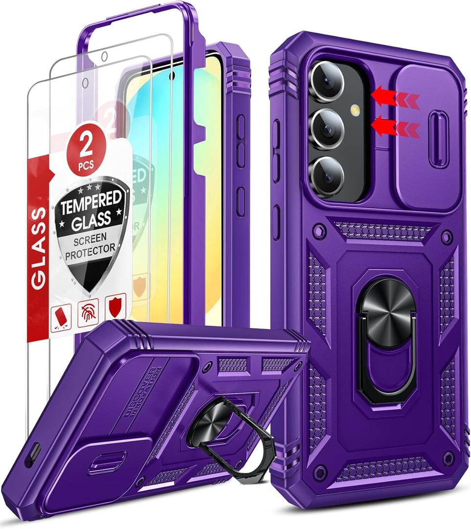 LeYi Compatible for Galaxy S24-FE Case: Samsung Galaxy S24 FE Case with Screen Protector X 2 Tempered Glass & Magnetic Stand, Dual Layer Protective S24FE Phone Case para Cell Android S 24 FE, Purple