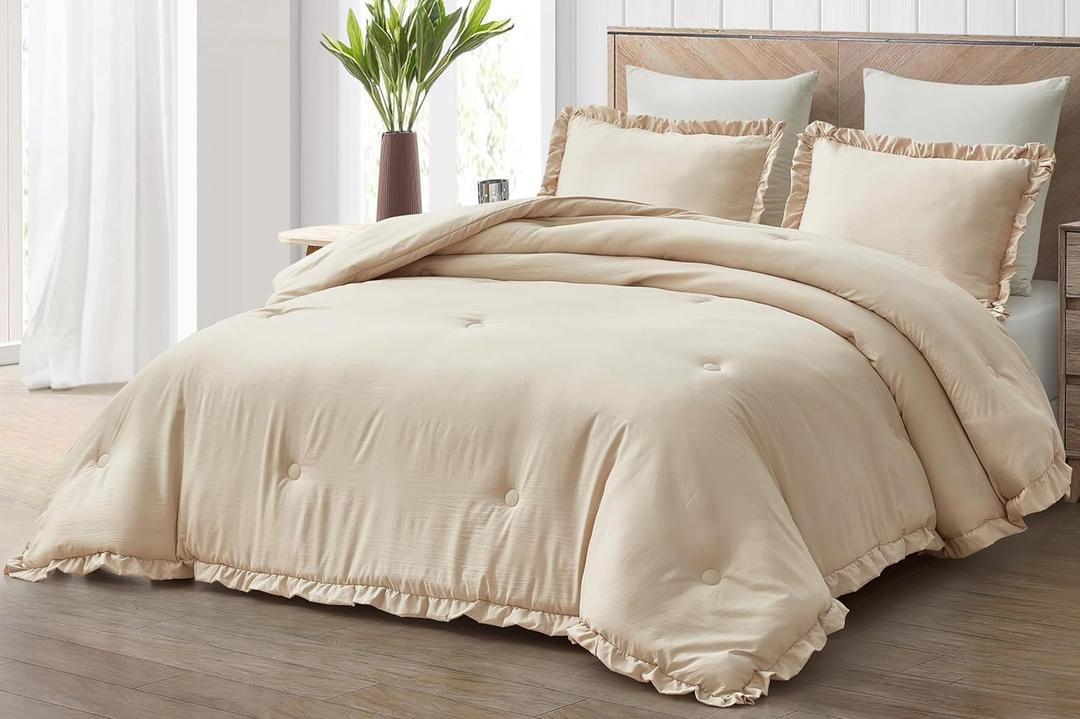 Chezmoi Collection Nora Light Sand Comforter Set Queen Size 3-Piece Lightweight Fluffy Soft Stone-Washed Ruffled Shabby Chic Bedding for All Season