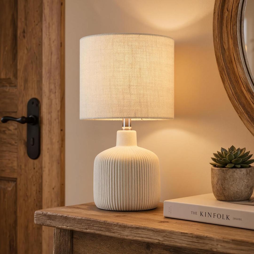 Ceramic Table Lamp, 17.75" Rustic Farmhouse Bedside Lamp with Beige Linen Shade, Warm Ambient Nightstand Lighting for Bedroom or Living Room, Off-White