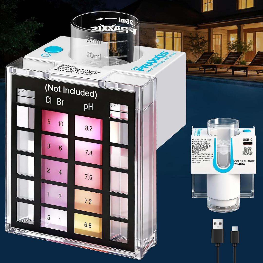 PRAXXIS Swimming Pool Water Chemistry Test Kit Snap in Light Box, Built-in Automatic Magnetic Stirrer, Button Control Magnetic Mixer, Rechargeable Pool Water Test Kit Fit the Standard Storage Box