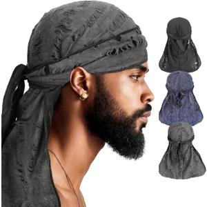 Durag for Men Silky Neck Drape Do rags Skull Wave Cap Breathable Headwraps Sun Protection Hat Biker Hip Hop Bonnet Headwear (Black+blue+deep Grey)