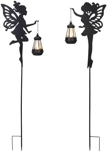 Fairy Garden Accessories Halloween Decorations Lawn Ornaments 1 Pair - Solar Lights Outdoor Garden Statue, Metal Stakes Decorative Figurines for Yard Decor, Patio (Type A Warm Lighting)
