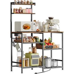 Huuger 39.4 Inch Bakers Rack with Power Outlets, Kitchen Microwave Stand with Storage, Coffee Bar with 4 Hooks, 3-Level Height Open Shelves, Rustic Brown
