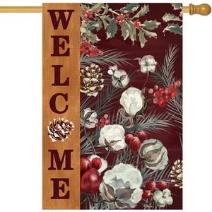 Winter Christmas House Flag 28x40 Inch Double Sided Outside, Welcome Dried Flowers Pine Cone Branch Red Berry Cotton Xmas Holiday Outdoor Seasonal Garden Yard Decoration