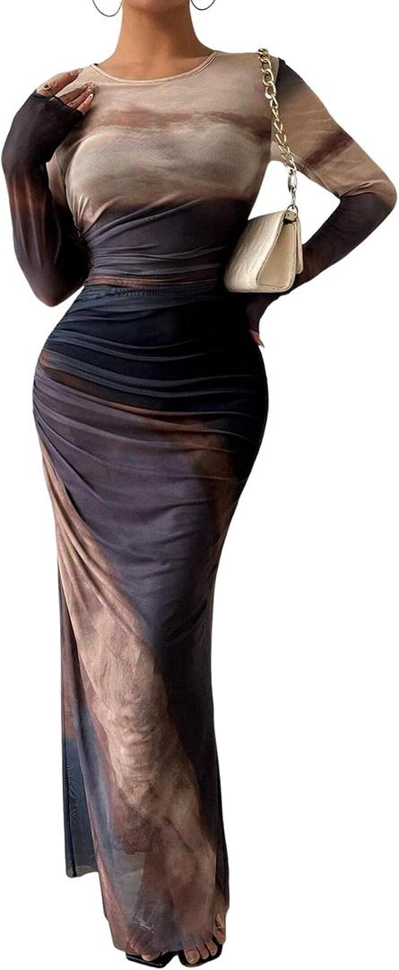 MARZXIN Women Long Sleeve Maxi Dress Bodycon Ruched Formal Slim Fit Tie Dye Dress Formal Mesh Dress (S)