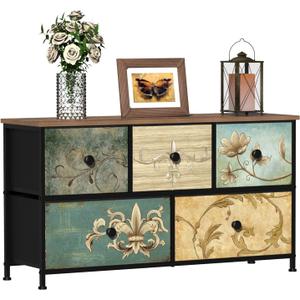 Tohomeor Dresser with Drawers for Bedroom Chest of Drawers Fabric Dresser for Closet,Nursery Entryway Hall Tree TV Stand for Living Room Retro Floral Pattern Drawers Wooden Top (5 Drawers)