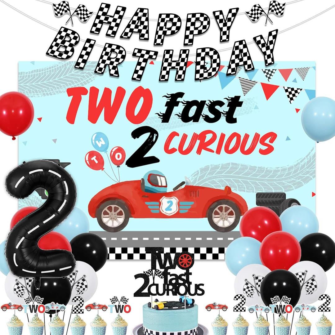 Two Fast 2 Curious Birthday Decorations - 2 Fast 2 Curious Backdrop Cake Topper, Happy Bday Checkered Flags Banner, Boys Second Birthday Party Supplies