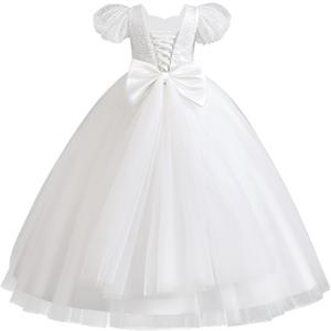 IDOPIP Flower Girl Sequin Lace-up Bow Dress for Kid Wedding Bridesmaid Pageant Party Formal Long Gown Communion Tulle Dresses (5-6 Years, White)