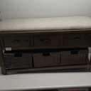 Wood Storage Bench with 2 Cabinets and 1 Basket,Rustic Shoe Bench with Removable Cushion,Entryway Storage Bench for Living Room,Entryway,Hallway (Gray)