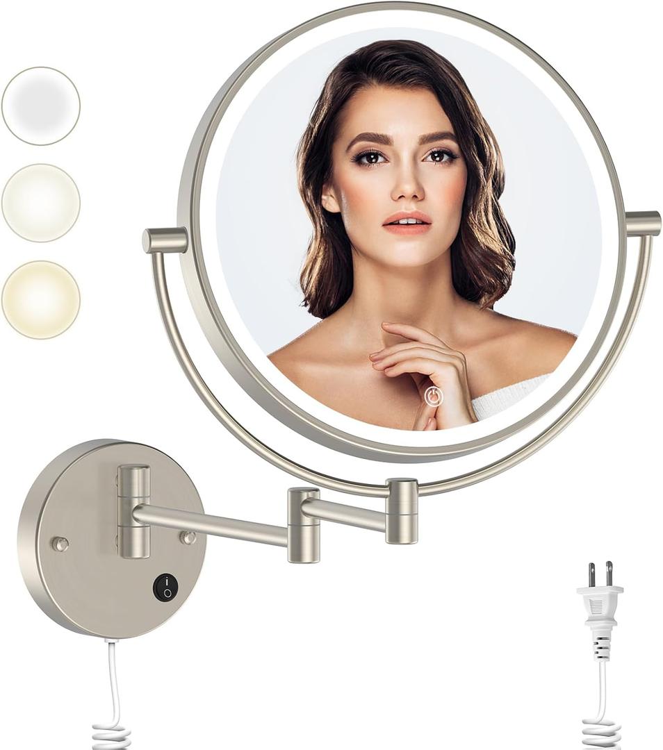 Rocollos 9" Plug-in Wall Mounted Lighted Makeup Mirror 1X/10X Magnification, Super Large Double Sided LED Vanity Mirror for Bathroom, 3 Color Dimmable 360Swivel Extendable Shaving Cosmetic Mirror