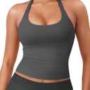 YEOREO SoftHue Women's Impact Halter Tank Top Longline Backless Scoop Neck Built-in Bra Sports Workout Gym Crop Top (Dark Grey), Size Small