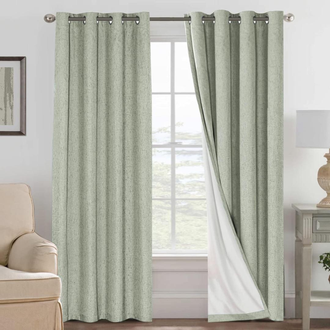 H.VERSAILTEX Linen Blackout Curtains 96 Inches Long 100% Absolutely Blackout Thermal Insulated Textured Linen Look Curtain Draperies Anti-Rust Grommet, Energy Saving with White Liner, 1 Panels, Sage