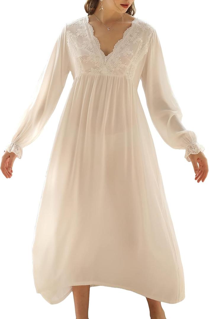 Lu's Chic Women's Long Sleeve Nightgown Cotton Pajama Dress Sleep Victorian Night Gown V Neck (Medium, A White O1)