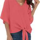 VIISHOW Womens Tie Front Chiffon Blouses V Neck Batwing Short Sleeve Summer Floral Tops Shirts (Small, Watermelon Red)