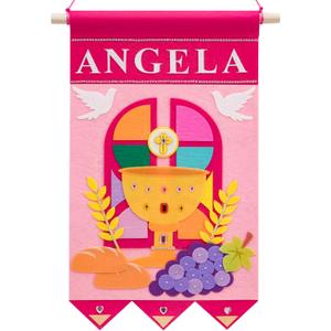 First Communion Banner Kit for Girls First Holy Communion Gifts for Boys Girls 1st communion decorations Felt Banner Kit for Church Sunday School (Pink)