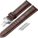 IStrap Leather Watch Band -Alligator Grain Embossed Pattern Calfskin Replacement Strap-Stainless Steel Deployment Buckle with Push Buttons-Bracelet for Men Women-18mm 19mm 20mm 21mm 22mm 24mm (Brown/Tan Stitch-Silver)