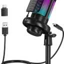 NJSJ USB Microphone for PC, Gaming Mic for PS4/ PS5/ Mac/Phone,Condenser Microphone with Touch Mute, RGB Lighting,Gain knob & Monitoring Jack for Streaming,Podcasting (with Desktop Stand, Black)