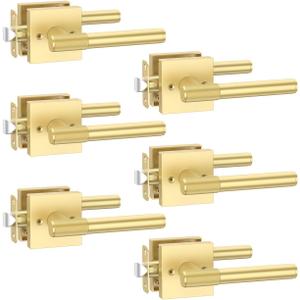 Asidrama 6 Pack Passage Gold Door Knob with Lock, Brushed Gold Door Handles Interior for Bedroom or Bathroom, Heavy Duty Door Lever with Reversible Interior Door Handle for Left Right Sided Doors