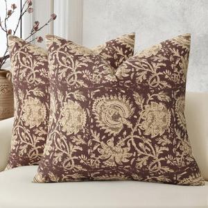 Vintage Floral Print Throw Pillow Covers 24x24 Set of 2 Neutral Modern Farmhouse Pillowcase Accent Decorative Cushion Covers Boho Home Decor for Couch Sofa Chair Bed Living Room, Oxblood