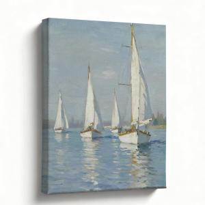 Sailboats on Blue Water Canvas Wall Art, Coastal Nautical Oil Painting Print, Gallery Wrapped Sea Landscape, Bathroom Bedroom Living Room Office Decor, Ready to Hang, 8x10 Inches