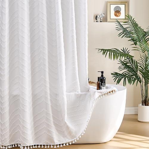 Siiluminisoy Boho Shower Curtain White Tassel Woven Fabric Short Shower Curtain 72 x 66 Modern Farmhouse Textured Tufted Chevron Striped Minimalist Bathroom Shower Curtains