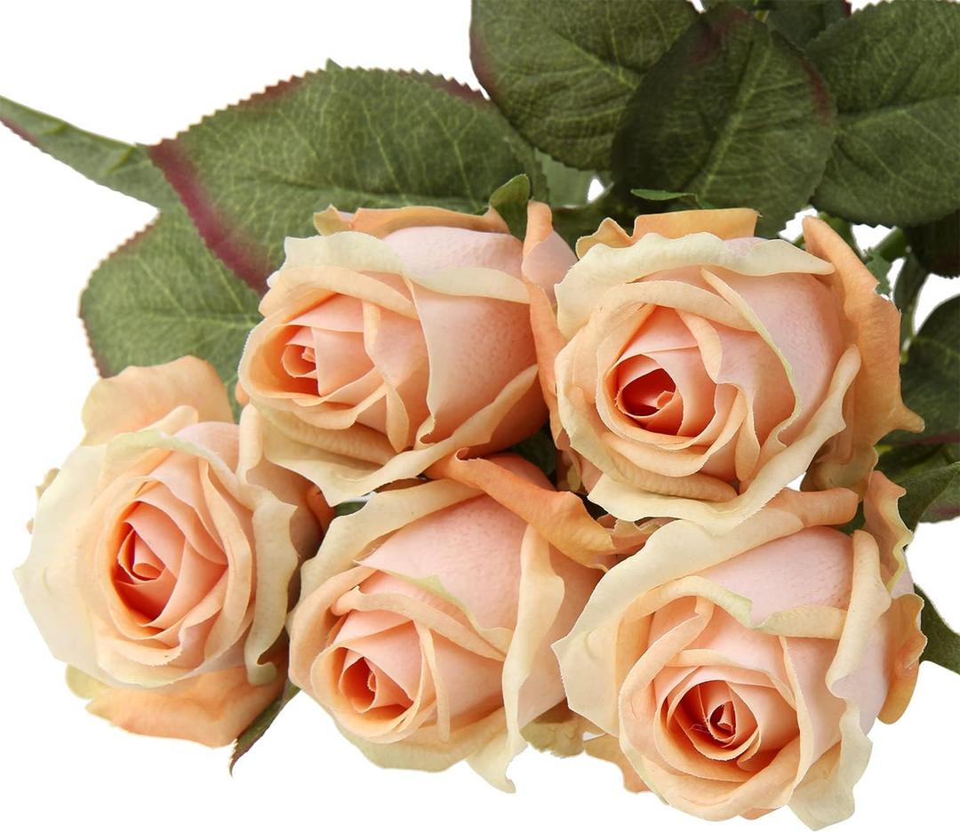 DILATATA Artificial Realistic Roses Peach Flowers 24" Real Touch Silk Roses Bouquet Long Stems Rose Fake Roses Decor for Home Party Wedding Table Centerpieces Roses Realistic - 5 Pcs