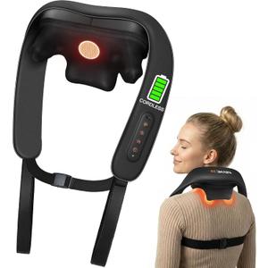 JZBRAIN Cordless Shiatsu Neck and Shoulder Massager with Heat & Kneading | 2000mAh Rechargeable Battery, Hands-free, 3 Modes, 2 Intensity, 2 Heat Levels, for Muscle Soreness, Stiff Neck Fatigue Relief