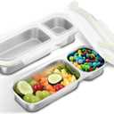 Stainless Steel Snack Containers for Kids Adults, 2 Pack 2 Compartment Metal Snack Containers Box with Lid, Reusable Food Storage Container, Leak Proof, Grab and Go (2C - (15.21+8.45OZ))