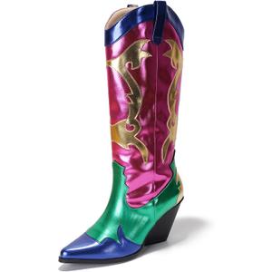 Cape Robbin Women's Metallic Colorblock Cowboy Boots Mid Calf 3 Inch Heel - Multicolor Western Boots with Pointed Toe & Comfort Footbed (Juliana) size: 8.5 (Pink)
