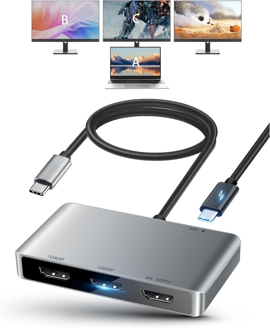 avedio links USB C to HDMI Multi Monitor Adapter, HDMI Splitter 1 in 3 Out Extended Display for Triple Monitor with 100W PD Port, Out 1 4K@60Hz, Out 2 and 3 1080p, Display for Windows Mac OS