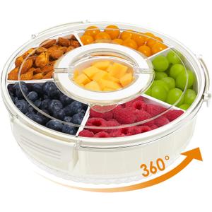 Divided Serving Tray with Lid and Handle, 360 Rotating 6.6L Large Capacity Snackle Box Container with Dividers, Portable Snack Boxs for Fruit Veggie Salad, Beach Essentials Ideal for Picnic (12"x12"x4.3"- 6 Compartments)