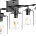 Aipsun 4 Lights Black Bathroom Vanity Light Over Mirror with Clear Glass Shades Industrial Bathroom Light Fixtures (Exclude Bulb), 31 Inch
