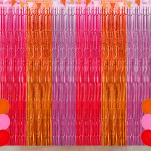 Pink Orange Party Decorations, Rose Red Orange Pink Foil Fringe Backdrop Curtain, Thanksgiving Tinsel Streamer, Fall Autumn Bachelorette Party Decorations(3 Pack)