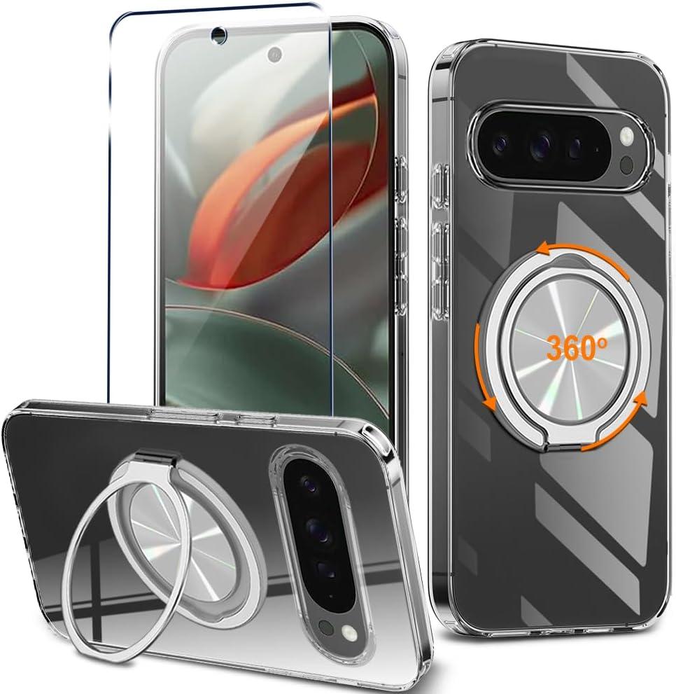 Compatible with Google Pixel 9/9 Pro Phone Case with Tempered Glass Screen Protector, 360 Rotatable Ring Holder Kickstand Shockproof Protective Cover Case for Google Pixel 9/9 Pro 5G 2024 - Clear