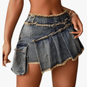 Women's Ripped Pleated Mini Denim Skirts Asymmetrical Raw Hem Jean Skirt Size S