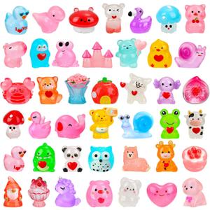 56 Pcs Valentine's Day Luminous Mini Figures 56 Types Valentines Glow in The Dark Miniature Love Heart Resin Animanl Tiny Duck Figurines for Valentines Party Gifts DIY Craft Dollhouse Scene Decor