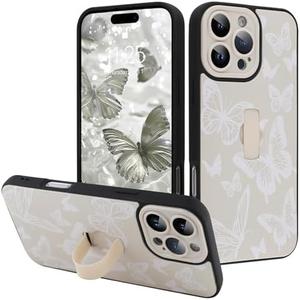 Fsoole for iPhone 16 Pro Case with Finger Strap Holder, Cute Cool Butterfly Print Pattern Design for Women Men, Shockproof Anti Scratch Hand Kickstand Protective Cover, White