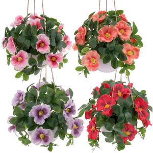 Woration 4 Pack Artificial Fake Hanging Bonsai Flowers Potted Faux Begonia Summer Spring Indoor Outdoor Hanging Plants Decoration - Pink, Orange, Red, Purple