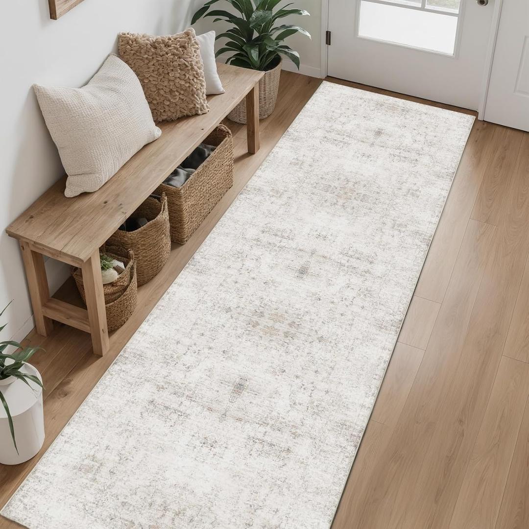 Hallway Runner Rug 2x8 Washable Area Rugs, Vintage Floral Rug Soft Non Slip Stain Resistant Boho Floor Carpet Runners for Hallways Entryway Laundry Room Kitchen Bathroom, and Bedroom Beige