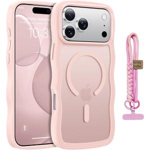 for iPhone 17 Pro Max Case Cute Wavy Matte Pink |Compatible with MagSafe,Color-Matched Lanyard,Military Grade Shockproof,Slim & Durable,Travel-Ready & Stylish