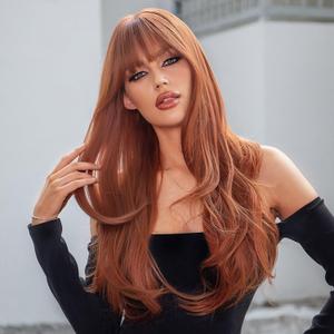 Auburn Wigs for Women,Long Curly Layered Wig with Bangs Synthetic Wigs Heat Resistant Wavy Hair for Party Cosplay Daily Use (26 Inch)