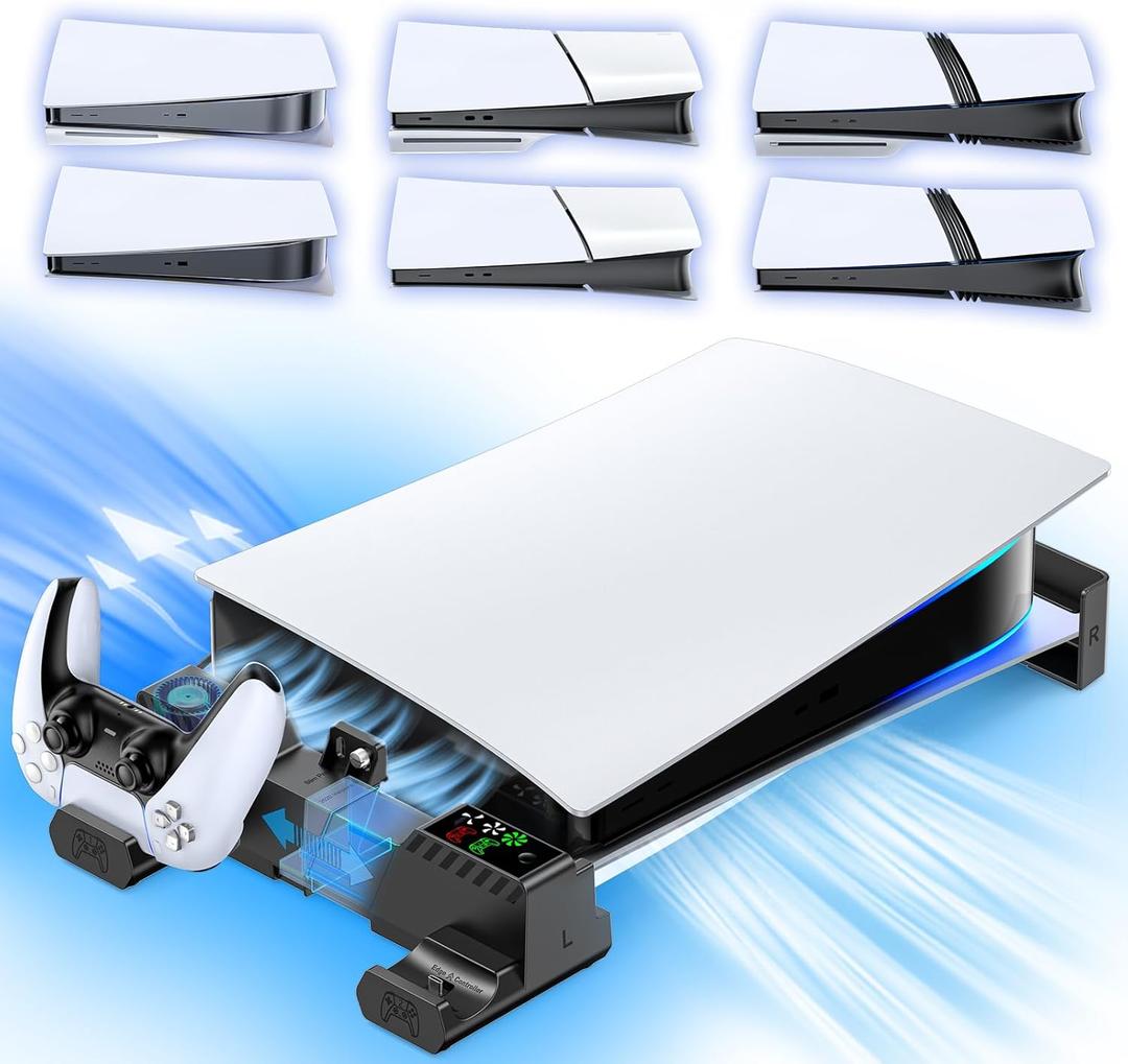 PS5/Slim/Pro Horizontal Stand with Cooling Fan & Charger for Original & Edge Controllers, Scalable Design PS5 Accessories Base with EVA Foams for All PS 5 Disc & Digital, PS 5 Sideways Stand Black