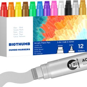 BIGTHUMB Jumbo Poster Markers Set: 12 Colors Large 15mm Wide Tip Permanent Ink Thick Acrylic Paint Pens for Rock Painting, Stone, Glass, Wood, Ceramic, Metal, Plastic, Fabric (Multicolor)