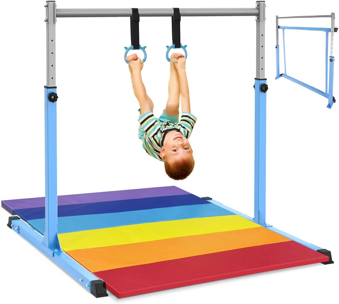 Safly Fun Gymnastics Bar for Kids Ages 3-15 for Home - Steady Steel Construction, Anti-Slip, Easy to Assemble, 3' to 5' Adjustable Height (Blue with Mat)
