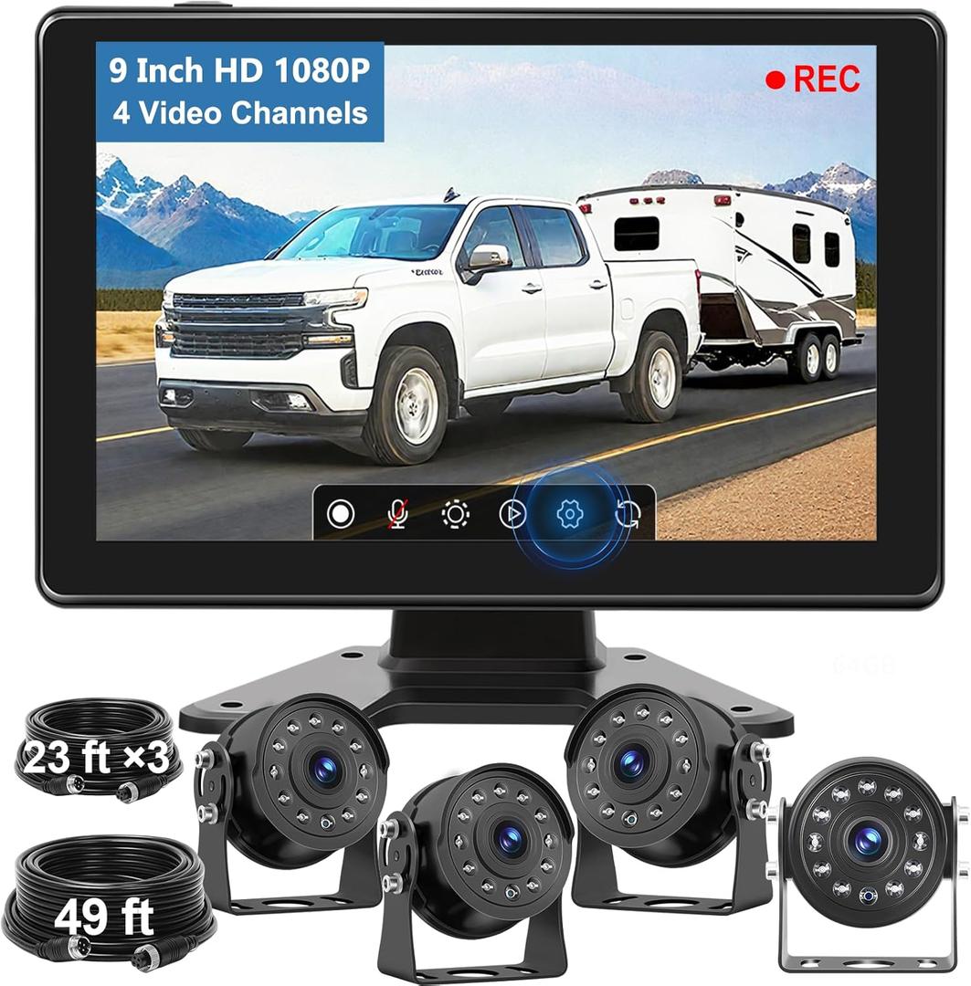4 Wired Backup Camera System Dash Cam with 9" HD Touch DVR Recording IPS Quad Split Monitor, 64GB 1080P Vibration-Proof IP69K Waterproof IR Night Vision 4 Front Side Rear Camera for Truck/RV/Trailer